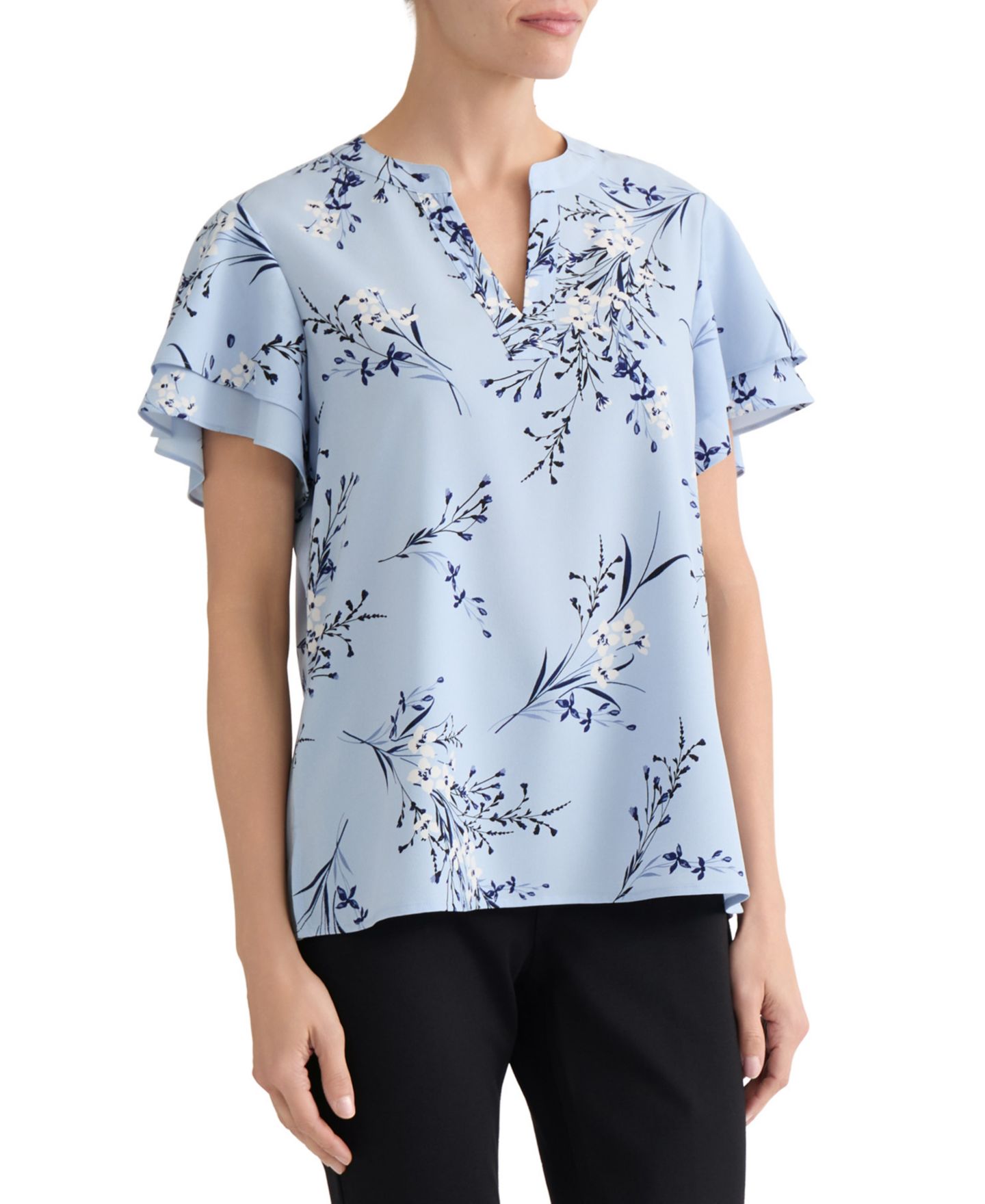Женская блузка Jones New York Petite Floral-Print Short-Sleeve, цвет: Синий — фото 3