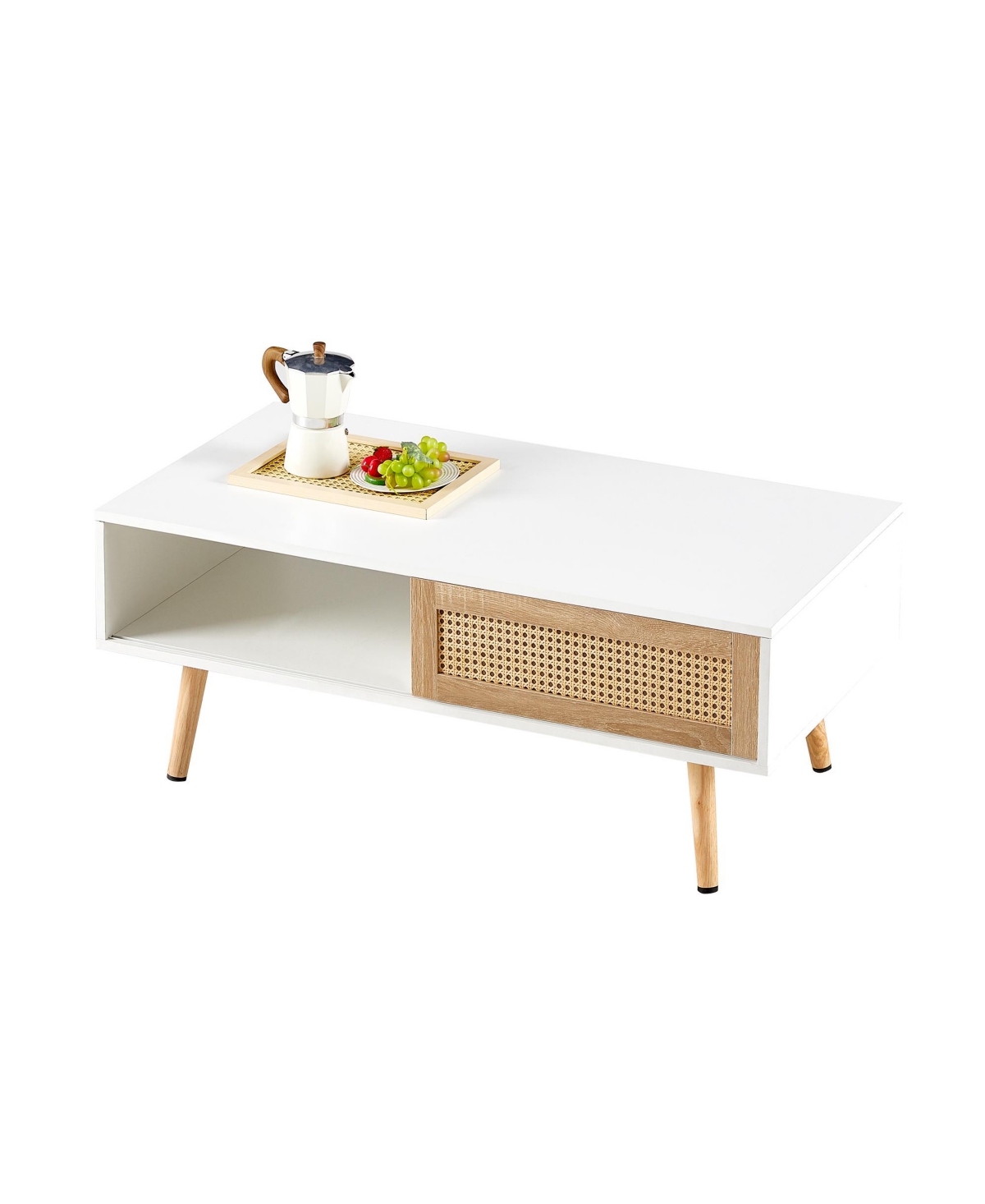 Flynama Rattan Coffee Table Sliding Door Storage Wood Leg Modern Living Room Table