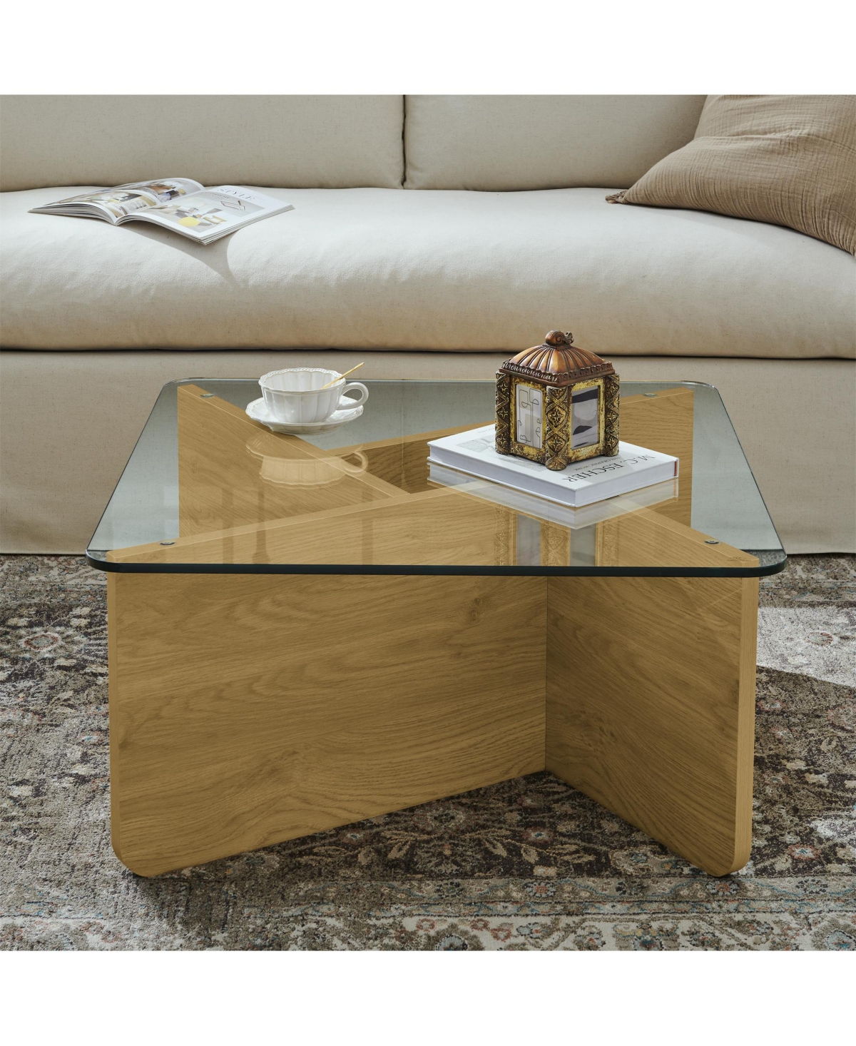Flynama 31.5" Square Tempered Glass Coffee Table, Mdf Base
