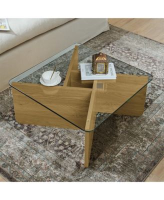 31.5" Square Tempered Glass Coffee Table, MDF Base