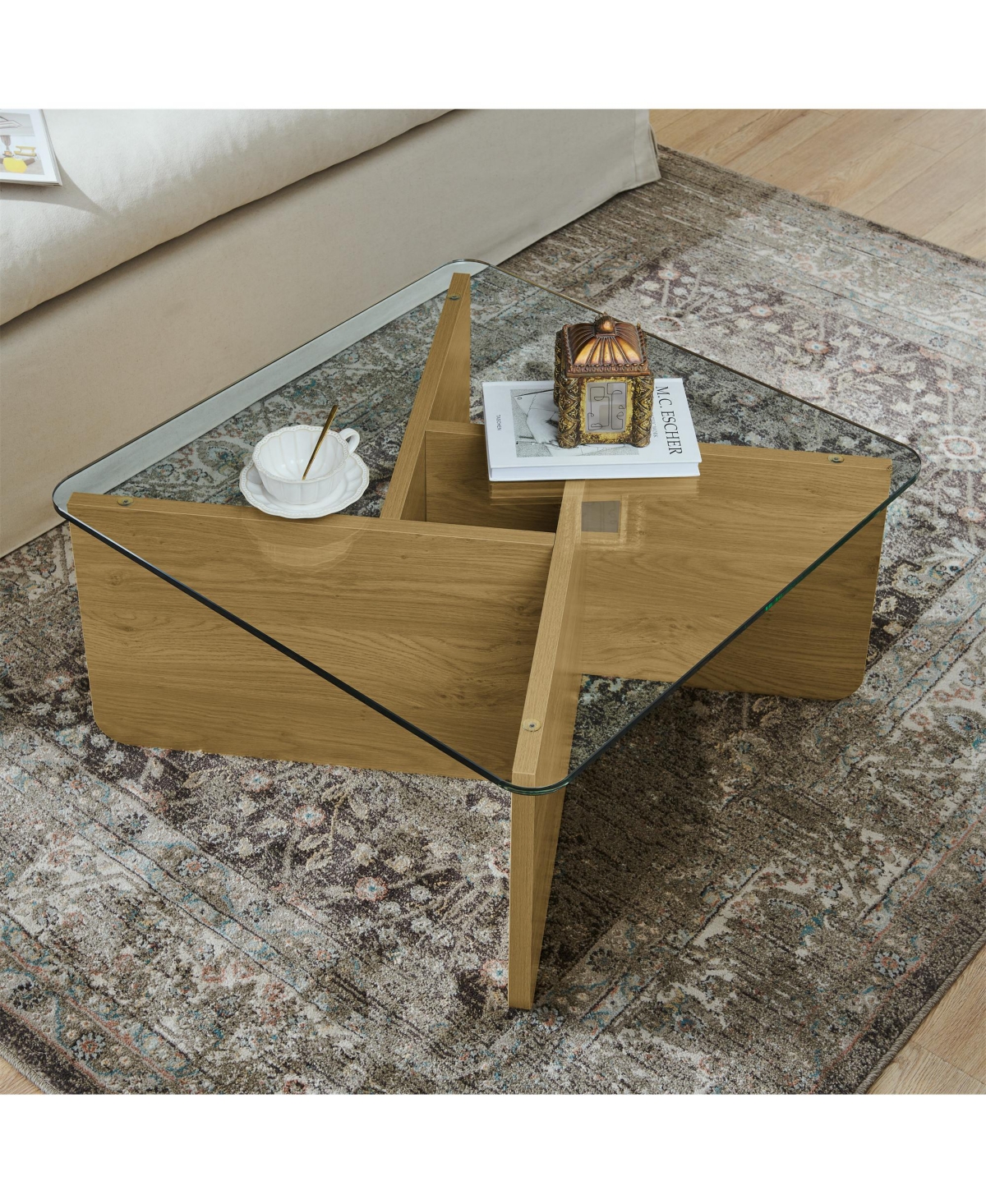 Flynama 31.5" Square Tempered Glass Coffee Table, Mdf Base