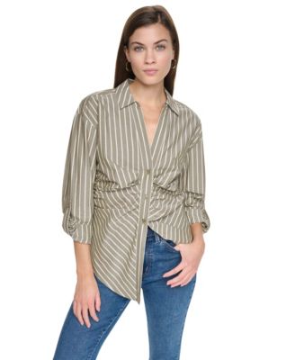 Petite Ruched Striped 3/4-Sleeve Poplin Shirt