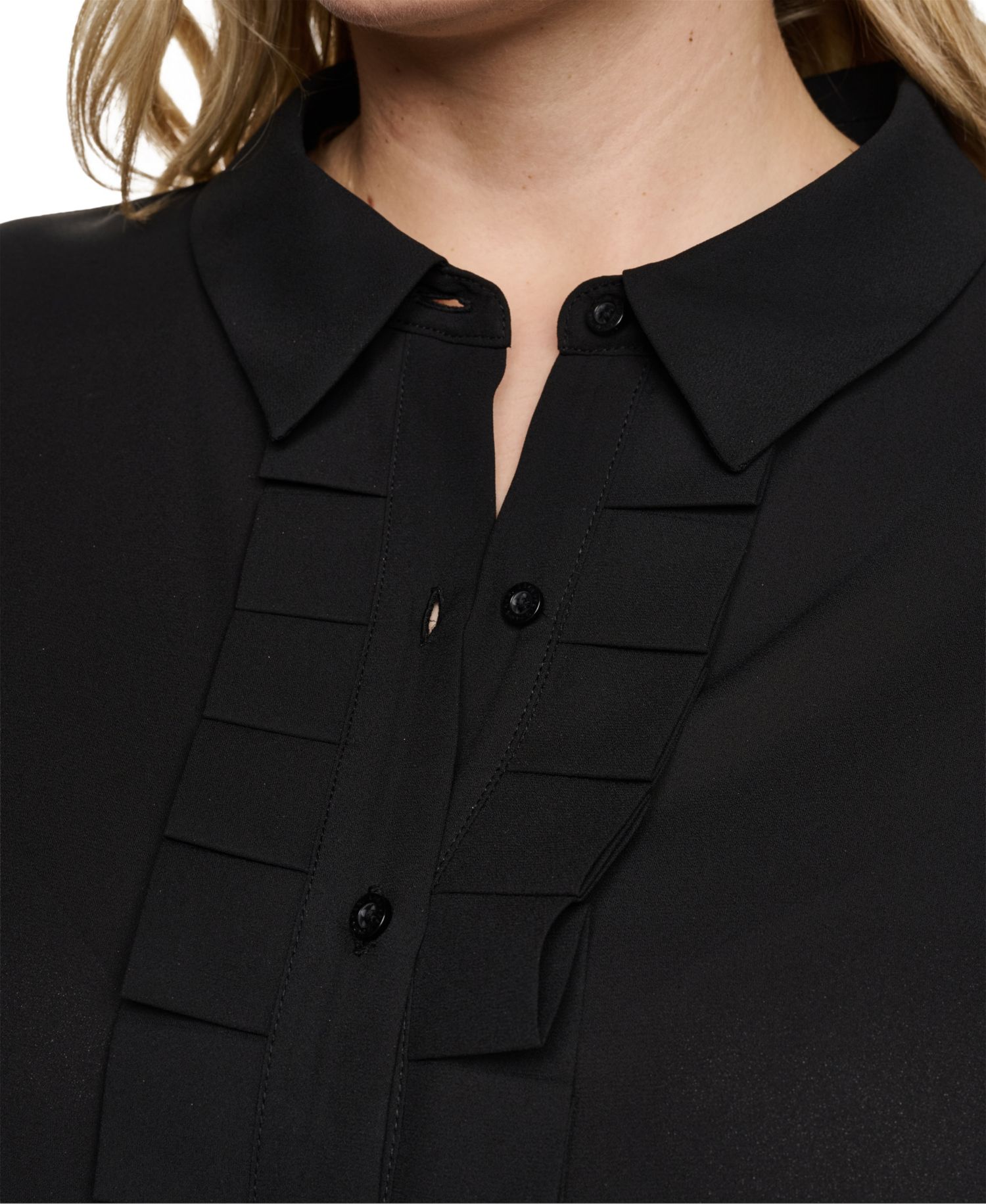 Plus Size Long-Sleeve Collared Pleated Blouse