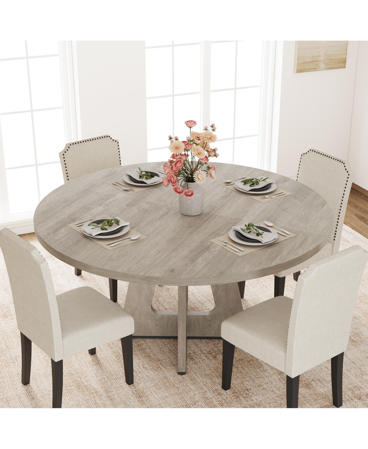47-63 Inch Extendable Round to Oval Farmhouse Dining Table with Wood Cross Base, Seats 4-8,Grey
