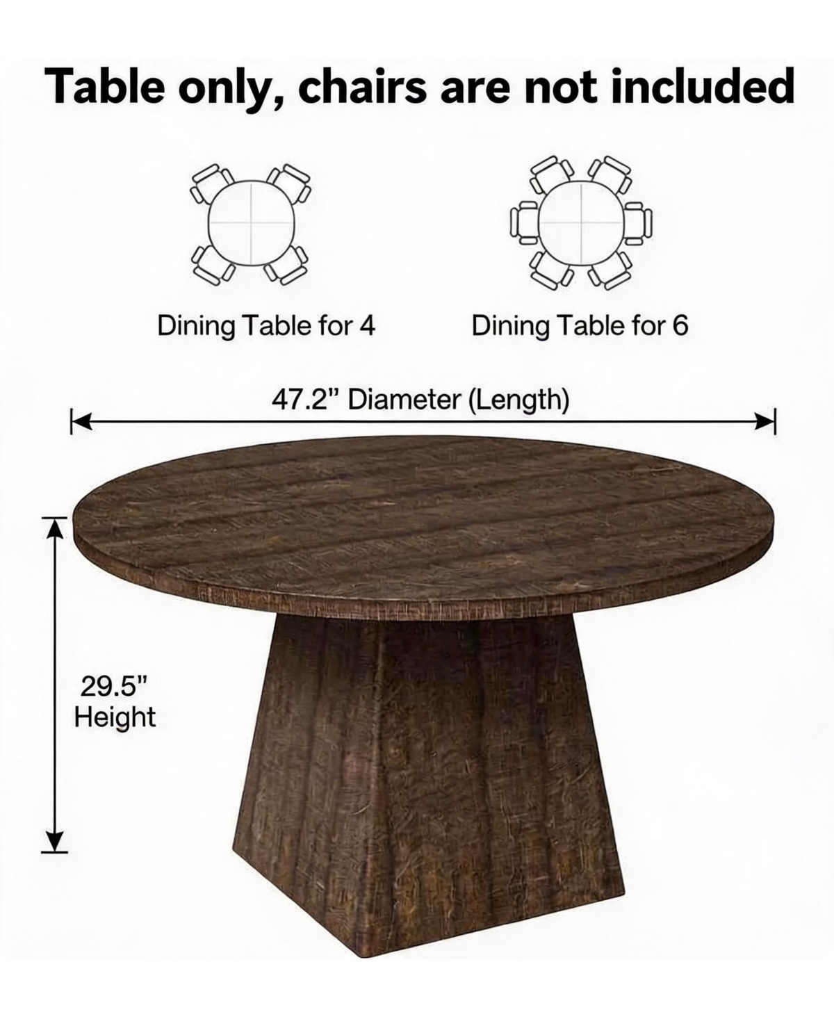 47-Inch Round Pedestal Dining Table, Seats 4-6, Brown Finish, 350 lb Capacity