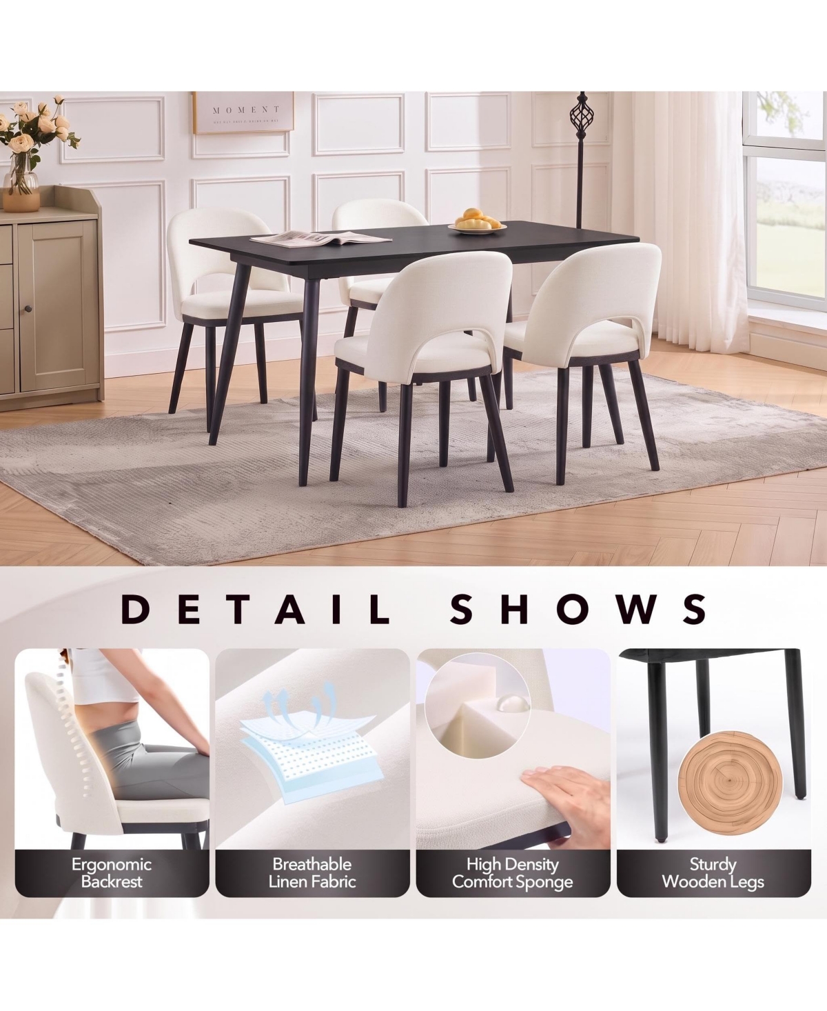 Wooden Dining Chairs Set of 6 Upholstered Dining Chair, Modern Linen Fabric Hollowed Dinner Chair with Leveling Pegs Curved Back for Dining Room