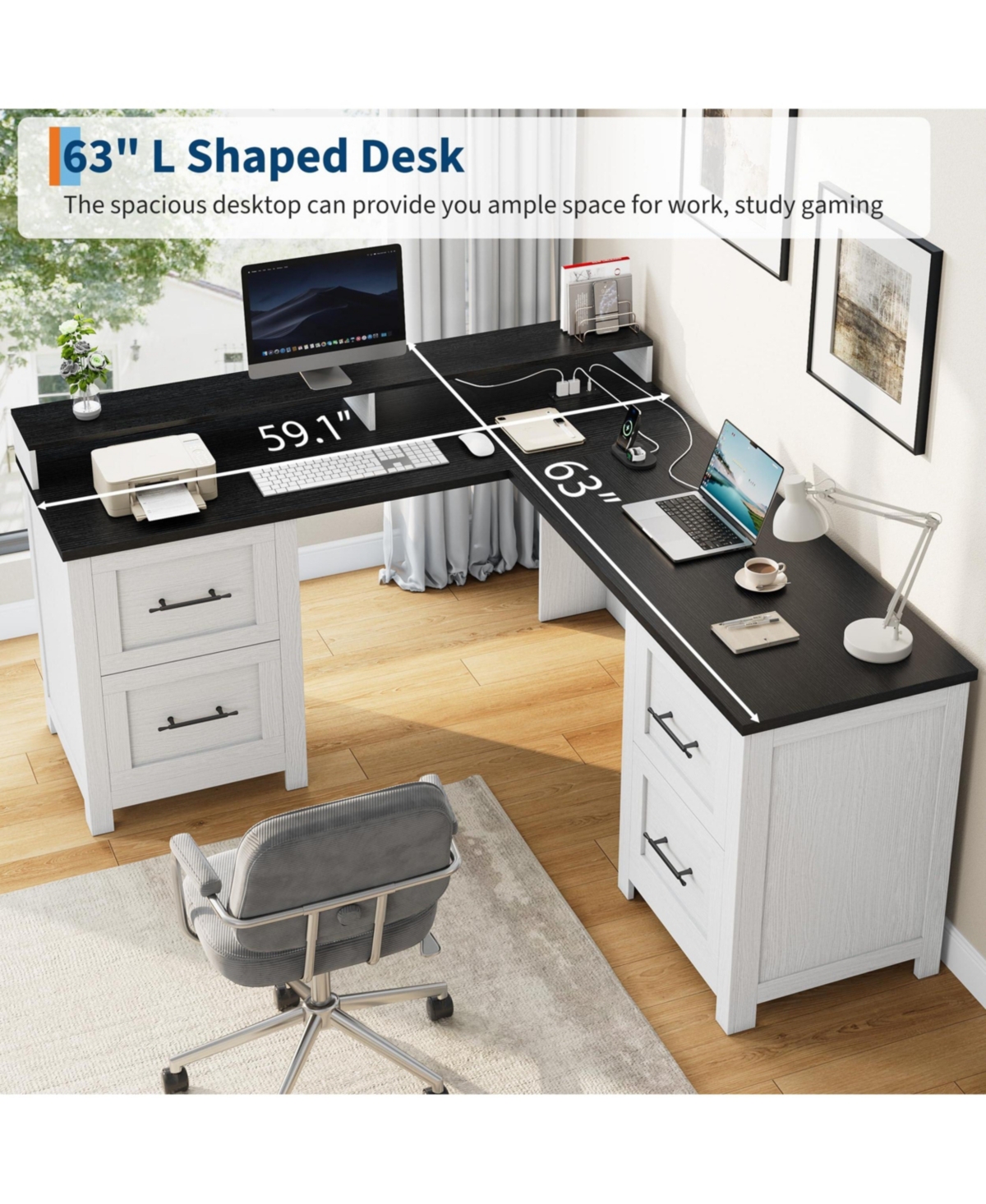L-Shaped Executive Desk, 63" Mdf Corner Computer Desk with Monitor Stand, 4 File Drawers, Power Outlets, Ample Storage for Home Office Gaming Study