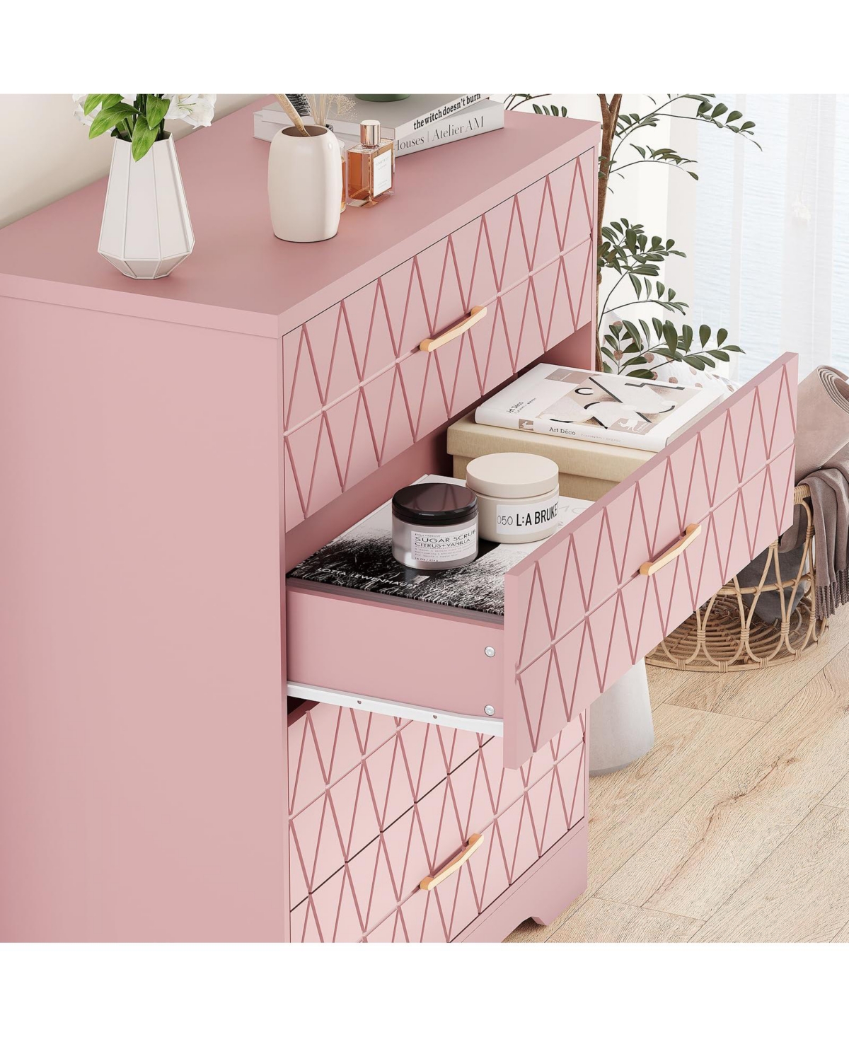 4 Drawer Chest of Drawers with Gold Metal Handles, Modern Tall Dresser Storage Organizer Cabinet for Living Room, Hallway, Nightstand, Pink