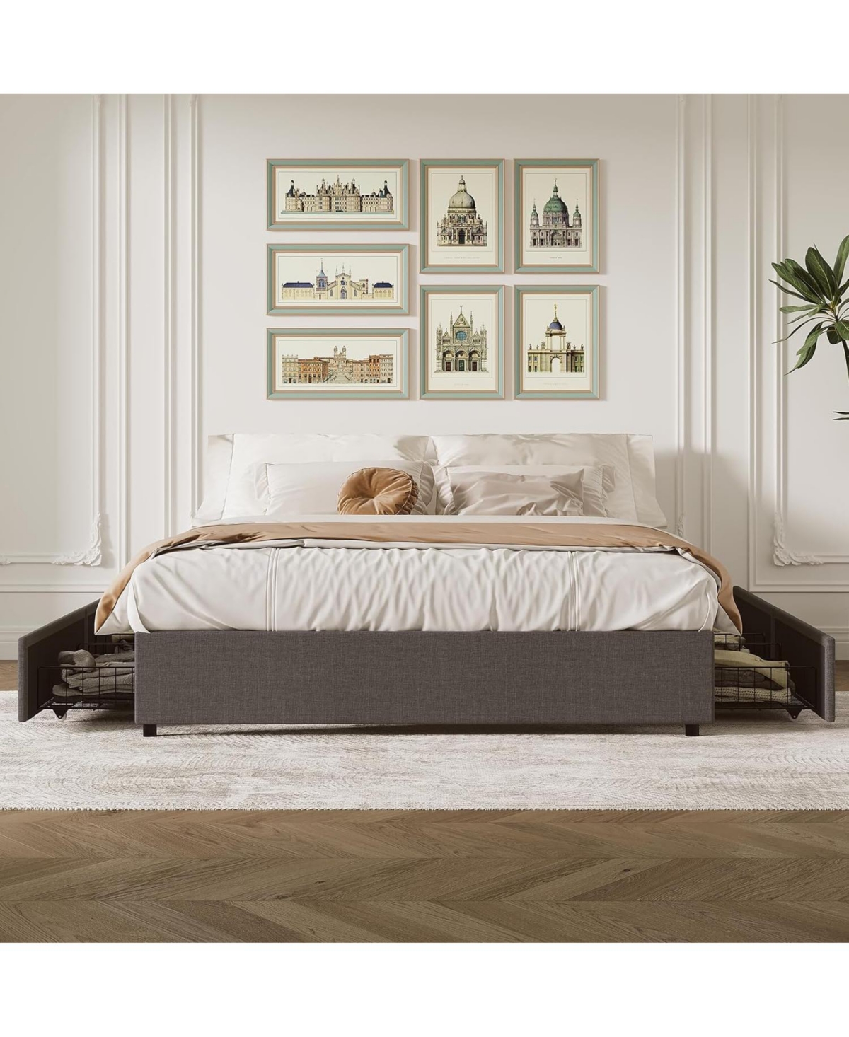King/Queen/Full Upholstered Platform Bed with Drawers, Linen Storage Bed Frame, Engineered Wood for Bedroom