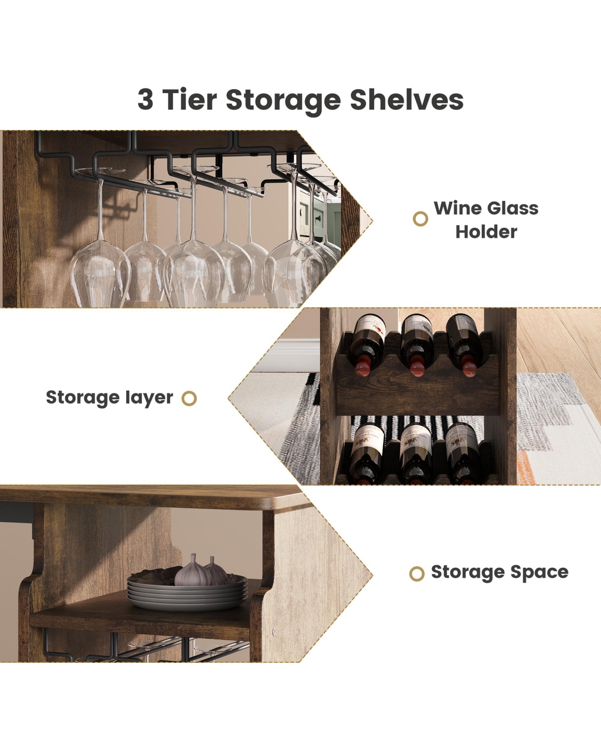 Bar Table and Chair Set for 2 Counter Height with Wine Rack and Wine Glass Holder Open Storage Shelf Space Saving for Kitchen Dining Room Apartment