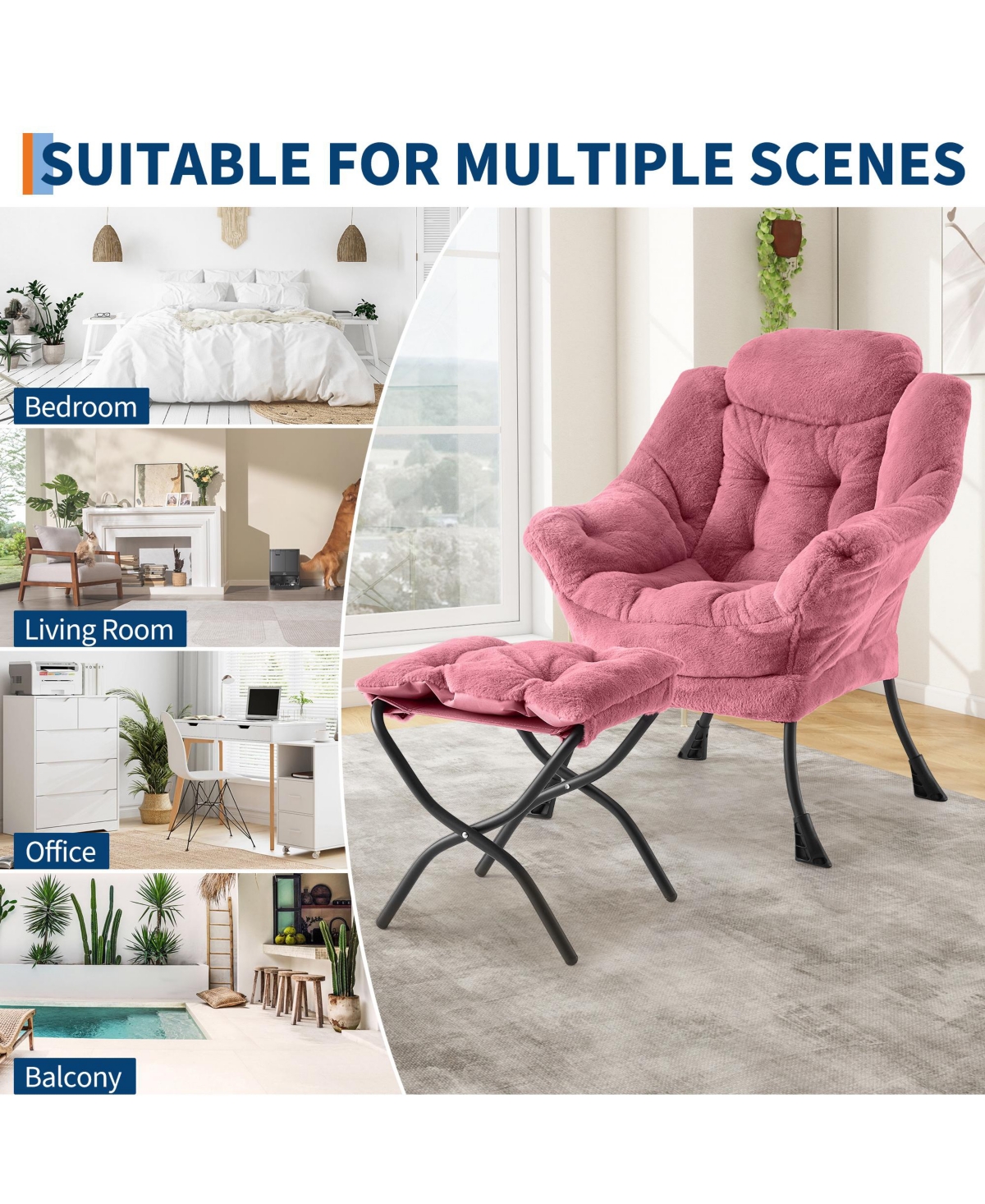 Lounge Armchair with Ottoman Set Modern Ergonomic Recliner 400 lb Capacity Thick Cushion Collapsible Footrest Side Pocket for Living Room Pink