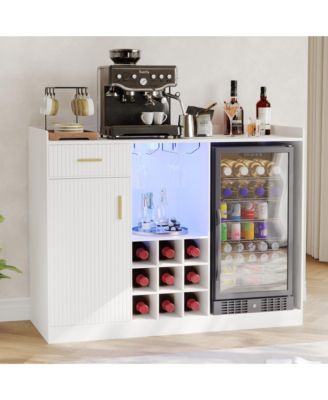 Multi-Functional Coffee Bar Cabinet with Fridge Space, Wine Rack, Glass Holder, Power Outlet and LED Light, Fluted Sideboard Mini Bar for Home Kitchen