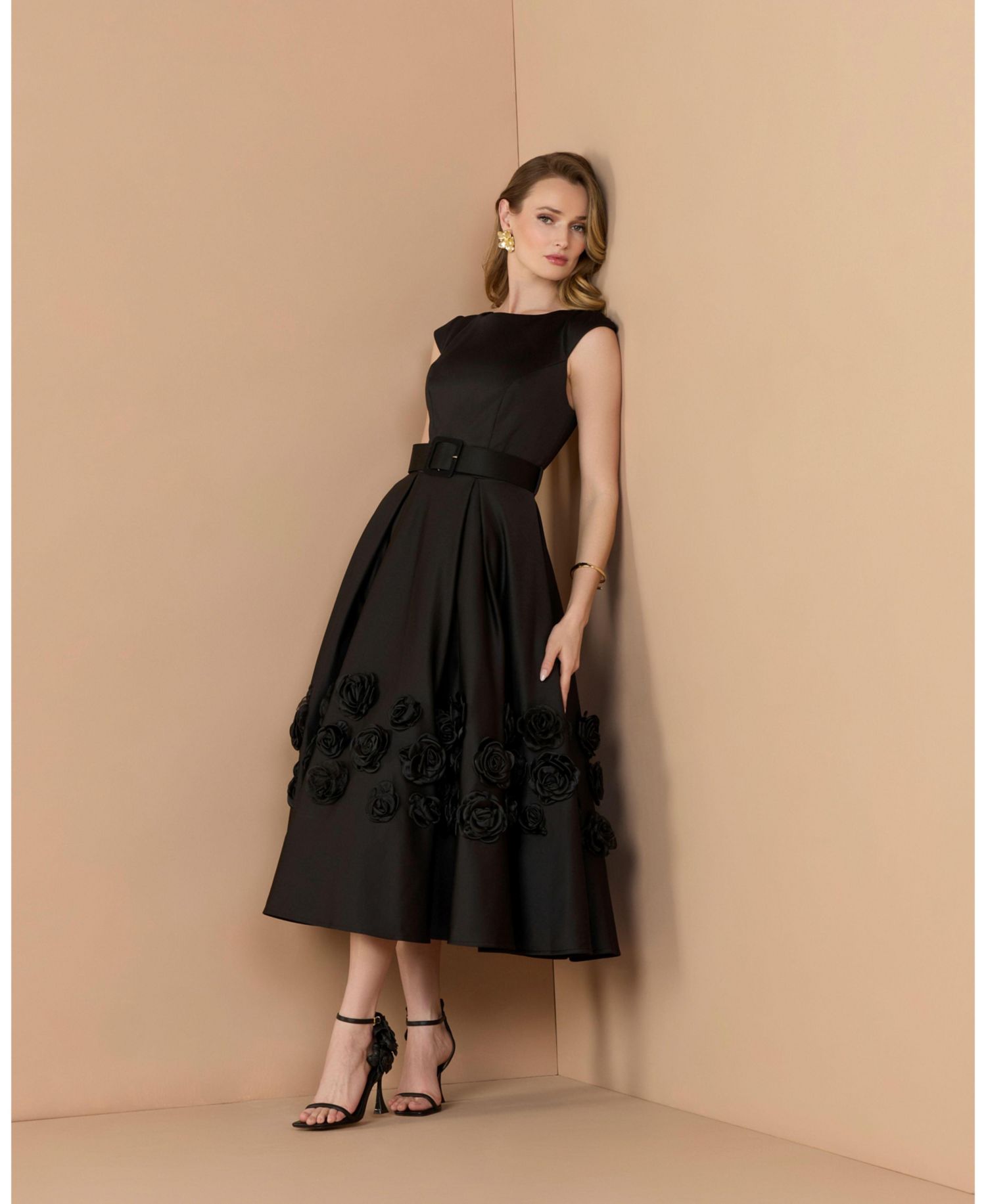 Women's Belted Floral Rosette A-Line Midi Dress