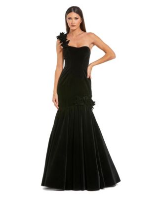 Women's Mermaid One-Shoulder Velvet Gown with Floral Appliques