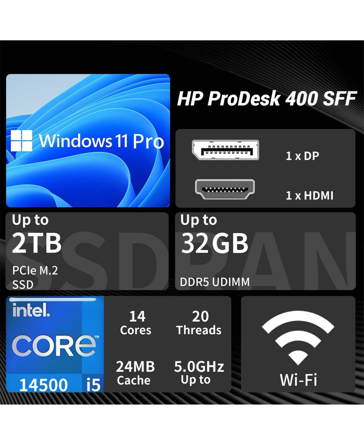Hp ProDesk 400 Business Sff Desktop, Intel Core i5-14500, Intel Uhd Graphics, 8GB DDR5, 1TB Ssd, Wi-Fi 5, Windows 11 Pro, Black