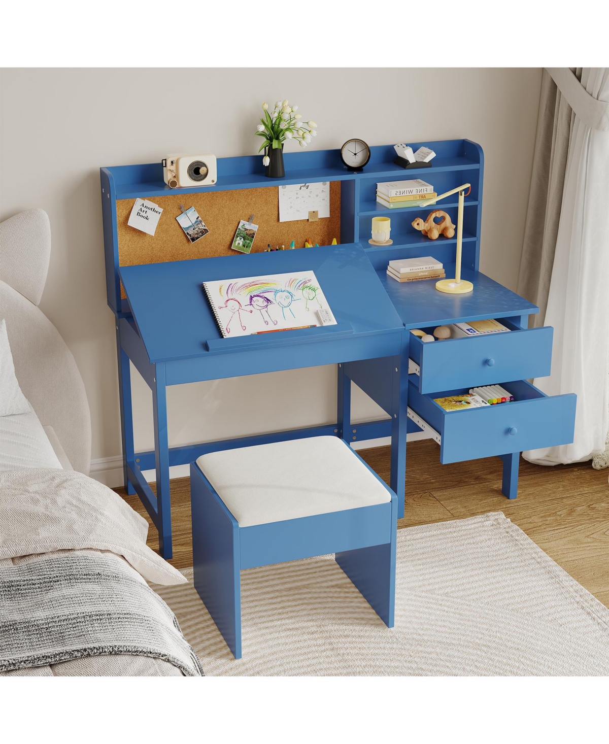 homfan Adjustable Kids Desk and Chair Set, Wooden Study Table with Tilting Desktop, Drawers Cork Board, Ergonomic Workspace for Boys Girls