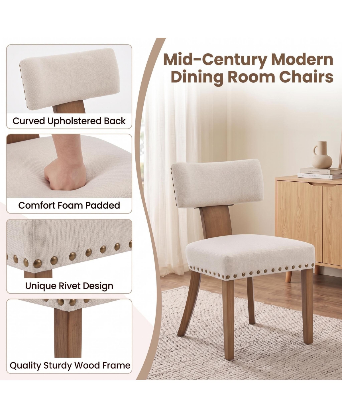 Set of 6 Mid-Century Upholstered Dining Chairs, Linen Covered Accent Chairs with Nailhead Trim, Curved Backrest and Wooden Legs for Kitchen, Home