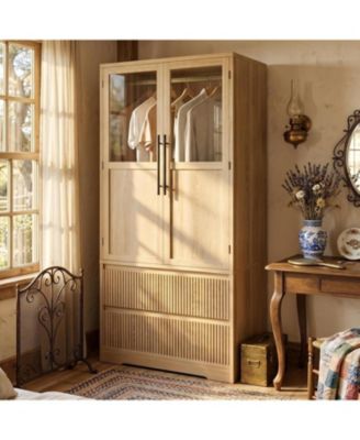 Fluted Drawer Armoire - Farmhouse Wardrobe with Glass Door, Hanging Rod and Shelf for Bedroom Clothing Storage