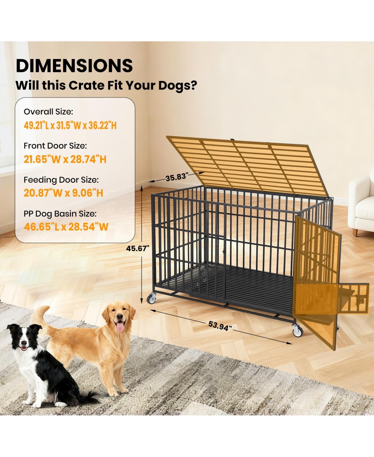 Large Heavy Duty Dog Crate, Large Metal Wire Kennel with Double Doors for Medium Large Dogs, Foldable with Removable Tray