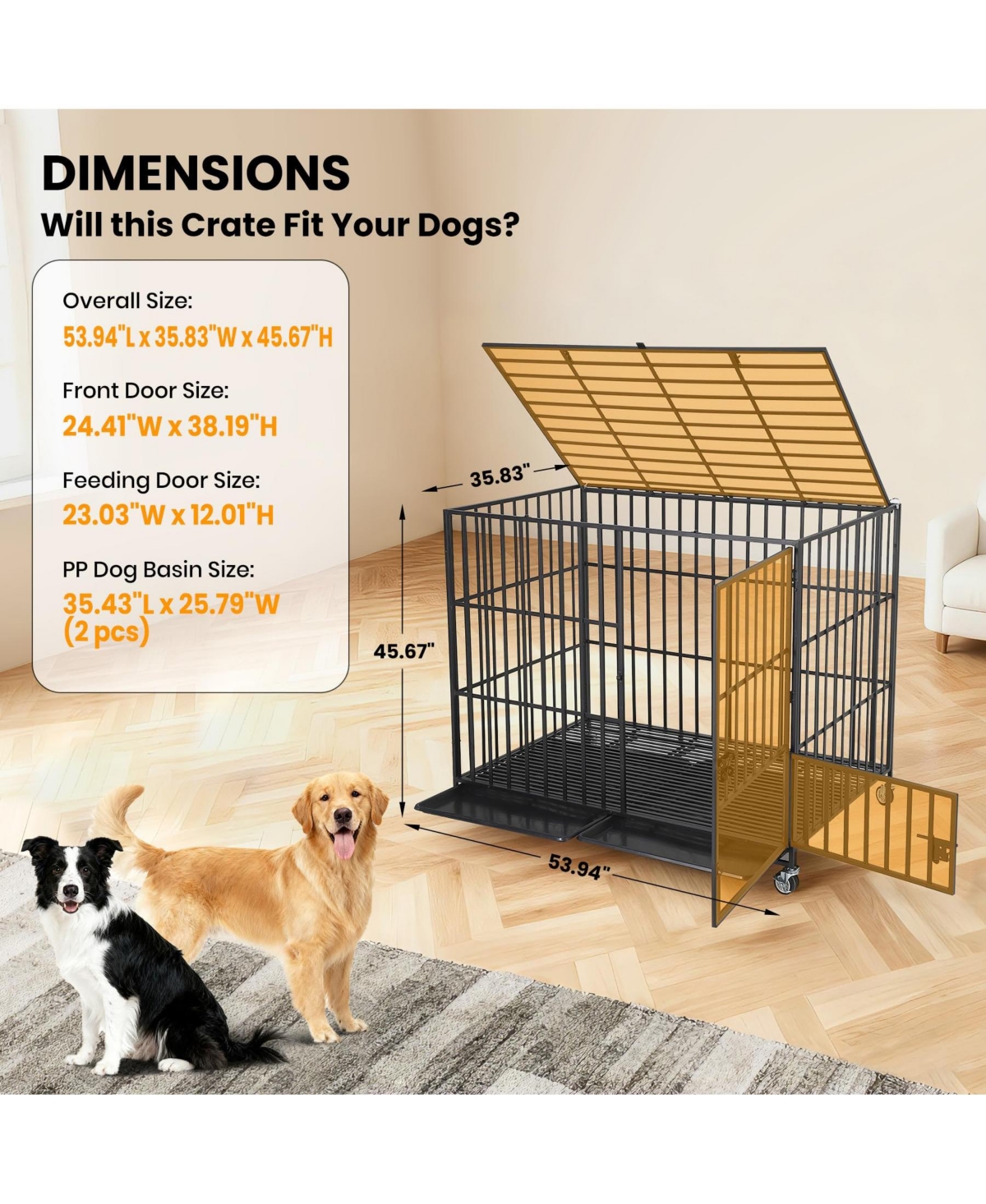 Large Heavy Duty Dog Crate, Large Metal Wire Kennel with Double Doors for Medium Large Dogs, Foldable with Removable Tray