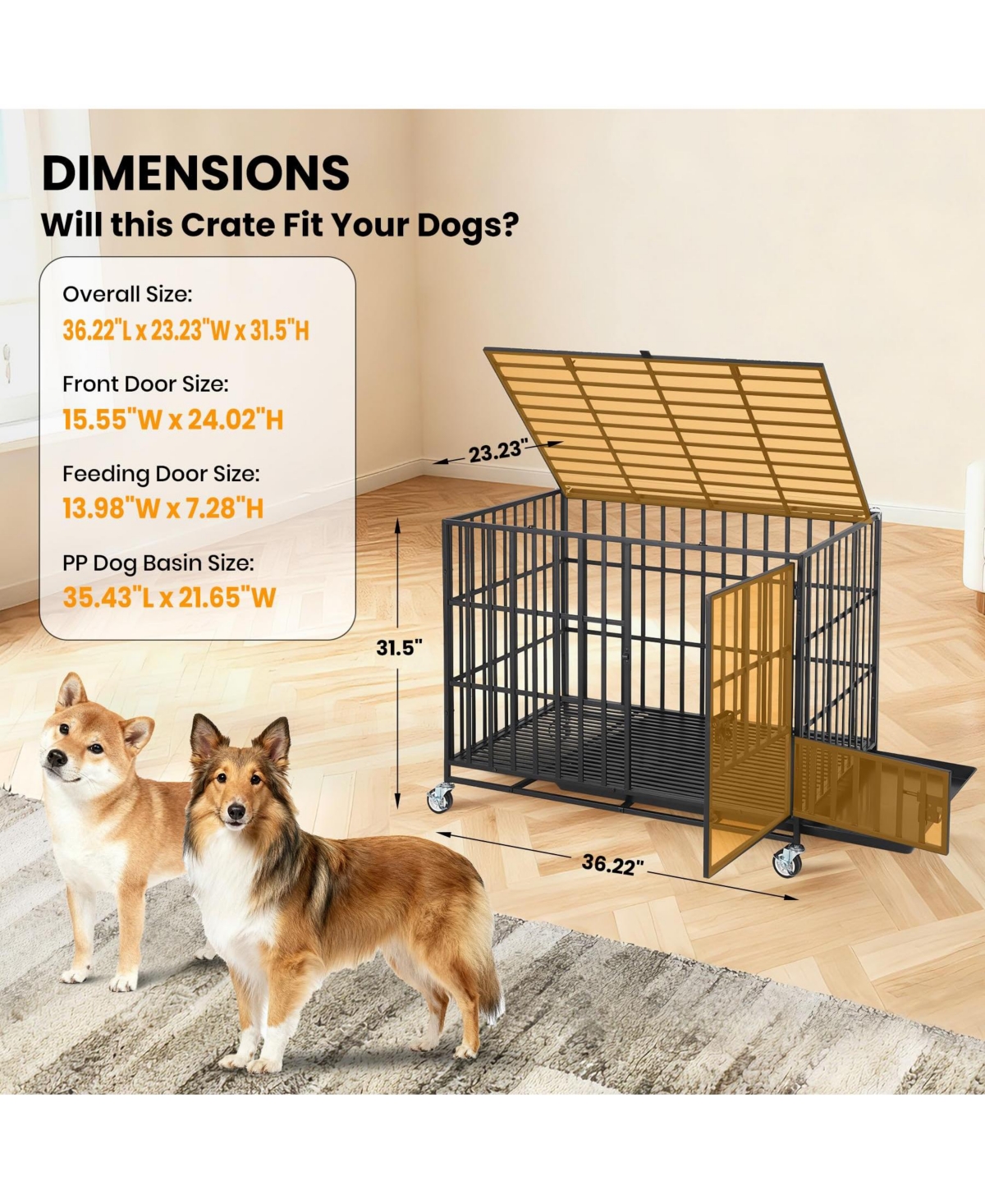 Large Heavy Duty Dog Crate, Large Metal Wire Kennel with Double Doors for Medium Large Dogs, Foldable with Removable Tray