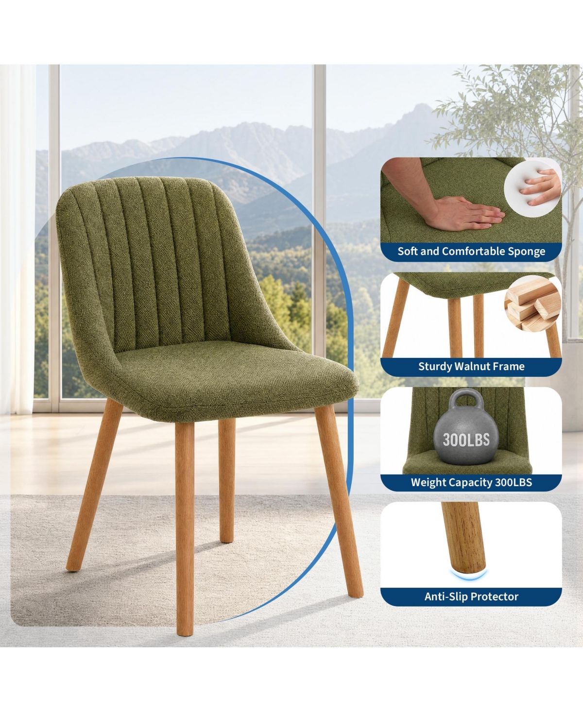 Upholstered Dining Chairs Set of 4, Modern Tufted Accent Chairs with Solid Wood Legs, Supports 300 Lbs for Kitchen Dining Room Vanity