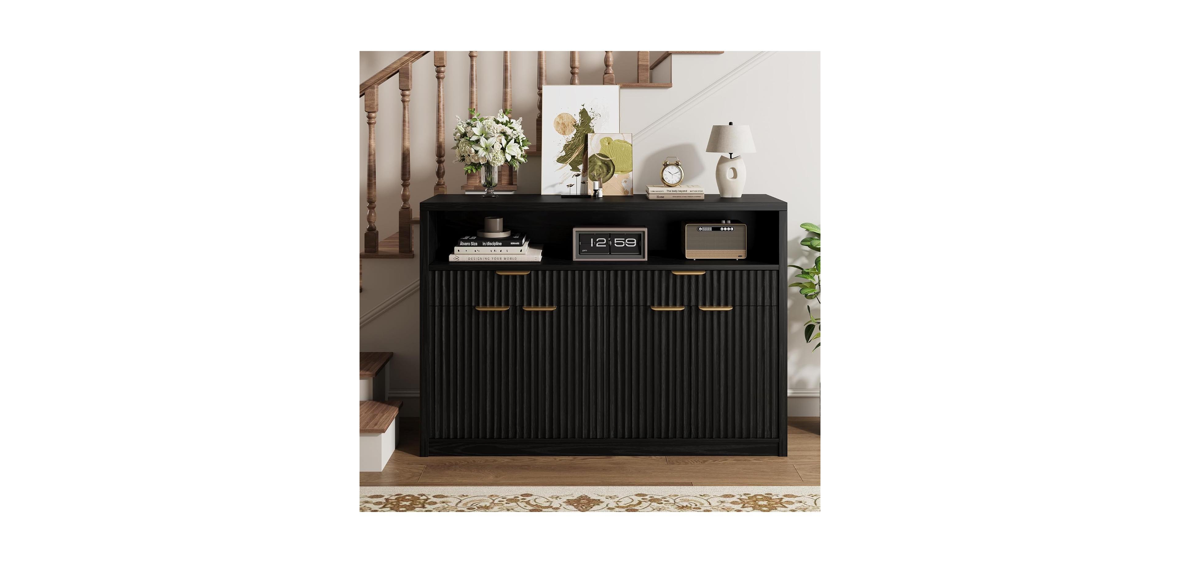 51" Modern Fluted Buffet Sideboard Cabinet with Doors and Drawers, Black