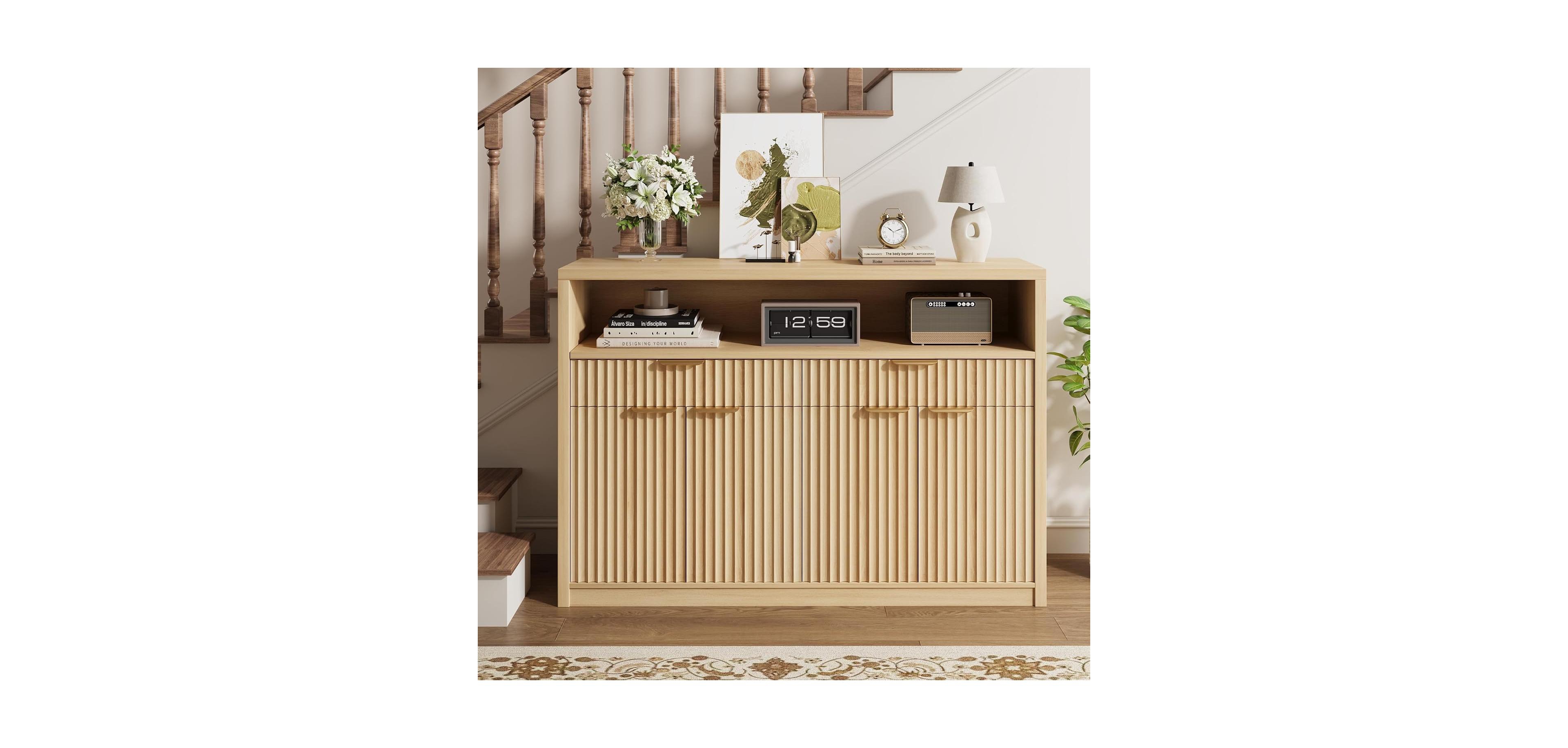 51" Modern Fluted Buffet Sideboard Cabinet with Doors and Drawers, Warm Wood Finish