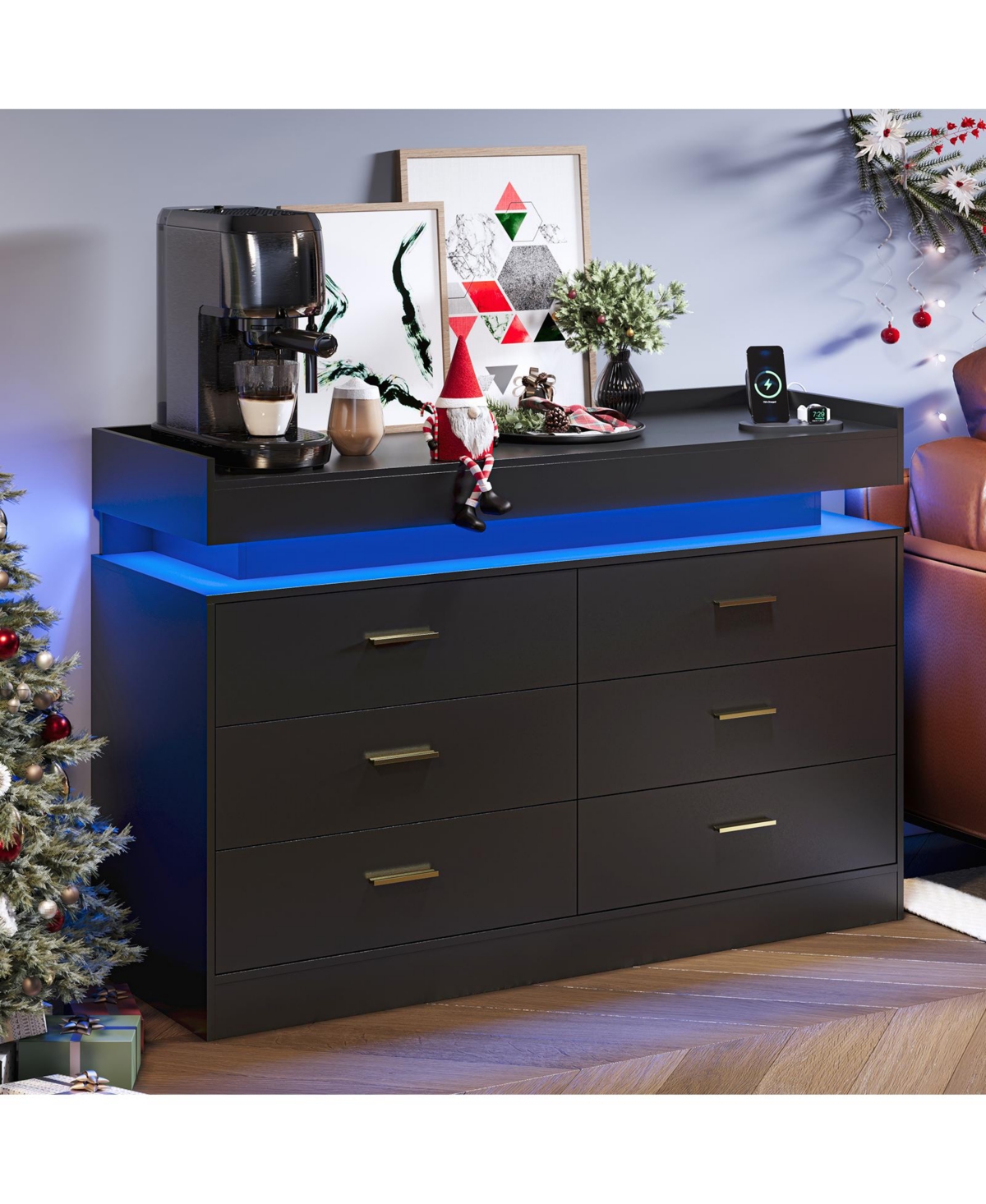 6 Drawer Dresser with Led Light and Raised Top Shelf, Modern Wide Storage Chest with Metal Pulls, Storage Cabinet for Bedroom, Living Room, Entryway