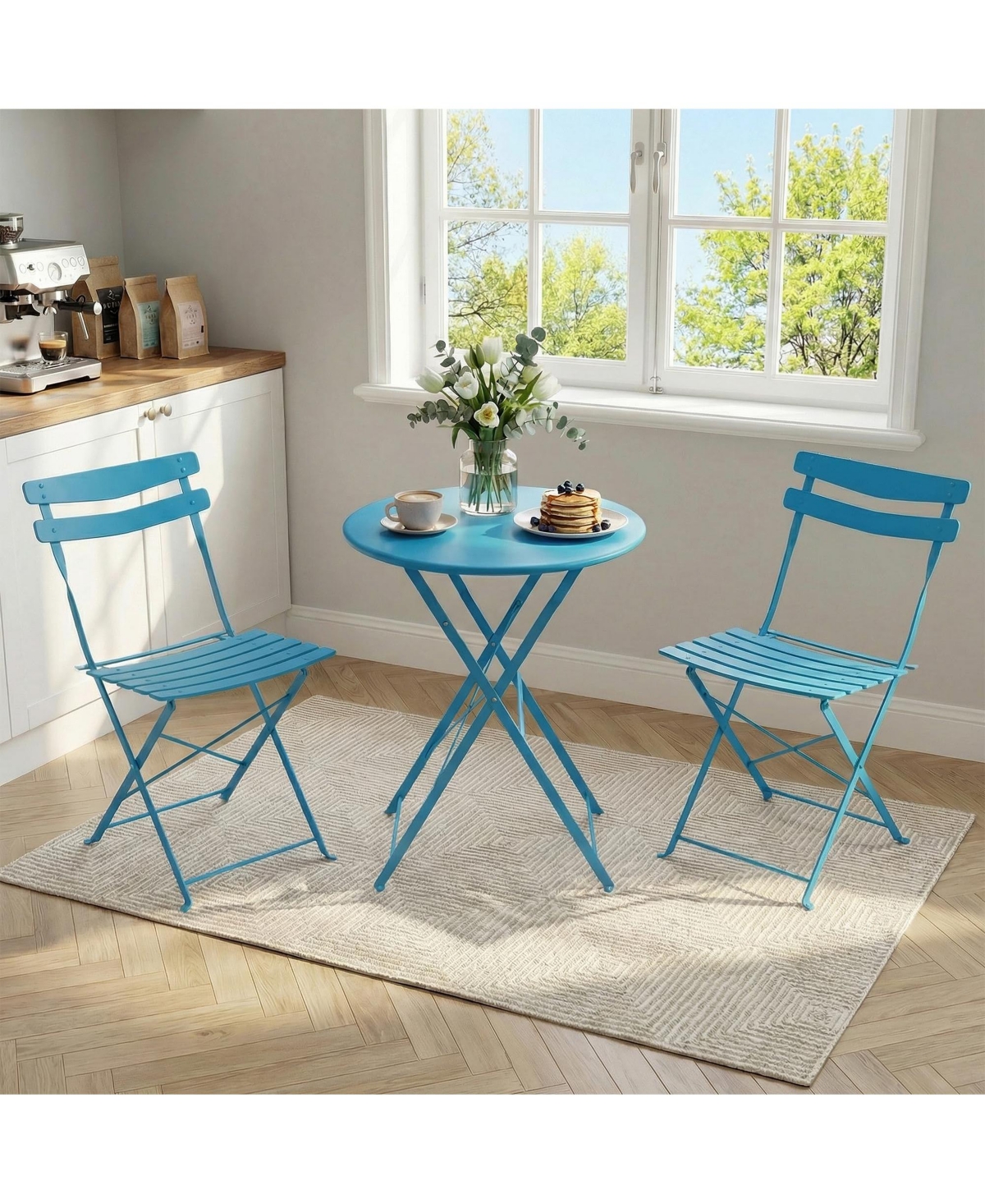 36" x 23" 3-Piece Outdoor Bistro Set with Table and 2 Chairs, Foldable Iron Patio Furniture for Balcony Garden Porch, Blue/Yellow