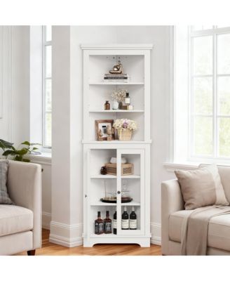 Farmhouse Corner Cabinet, 63 Inches Tall Freestanding Hutch with Glass Beadboard Doors, Adjustable Shelves, Pantry Storage Cabinet for Kitchen