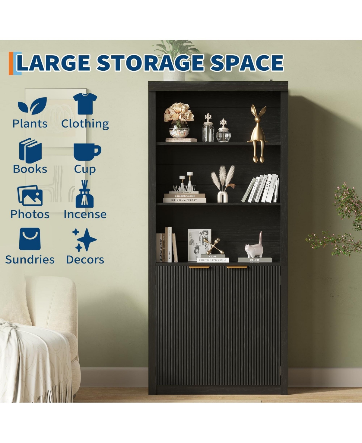 31.5 x 14 x 71 in Pack of 2 Storage Cabinet with Doors and Shelves, Engineered Wood Bookcase with Crown Molding for Living Room, Black
