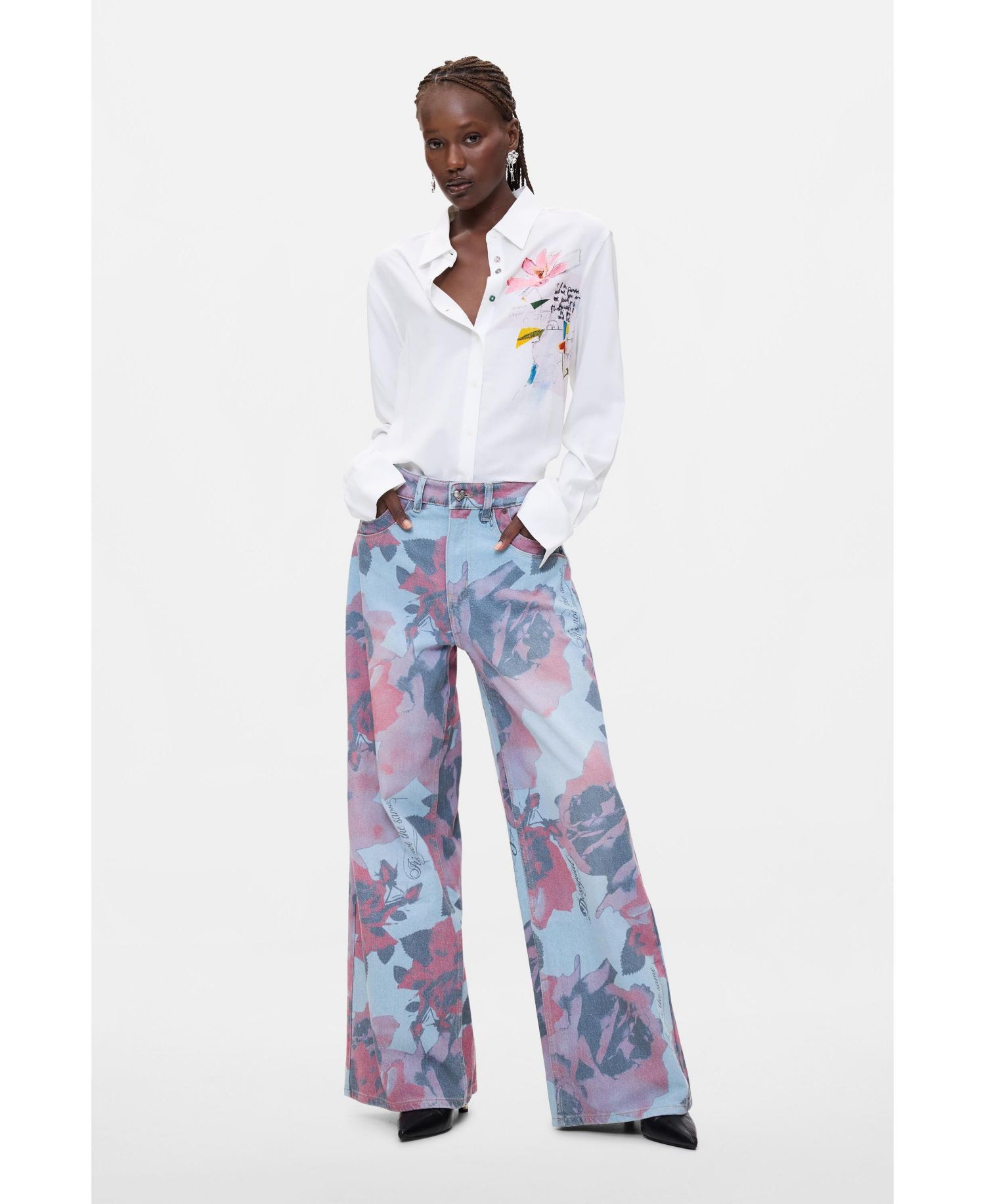 Women's Floral-Print High-Waisted Wide-Leg Jeans
