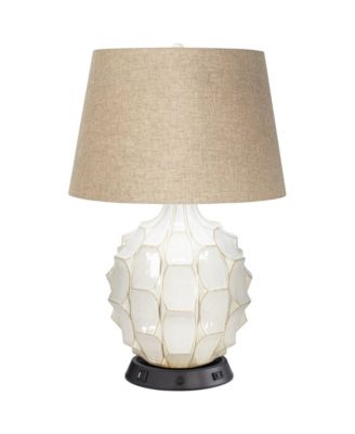 Cosgrove Modern Mid Century Table Lamp 26 1/2" High White Glazed Ceramic with USB Charging Port Brown Linen Drum Shade for Desk