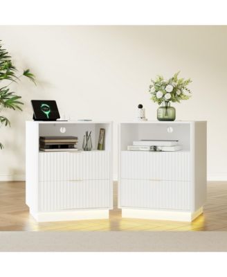 Set of 2 White Mid-Century Fluted Nightstands with Charging and LED, 2 Drawers, 20"W x 15.7"D x 24"H