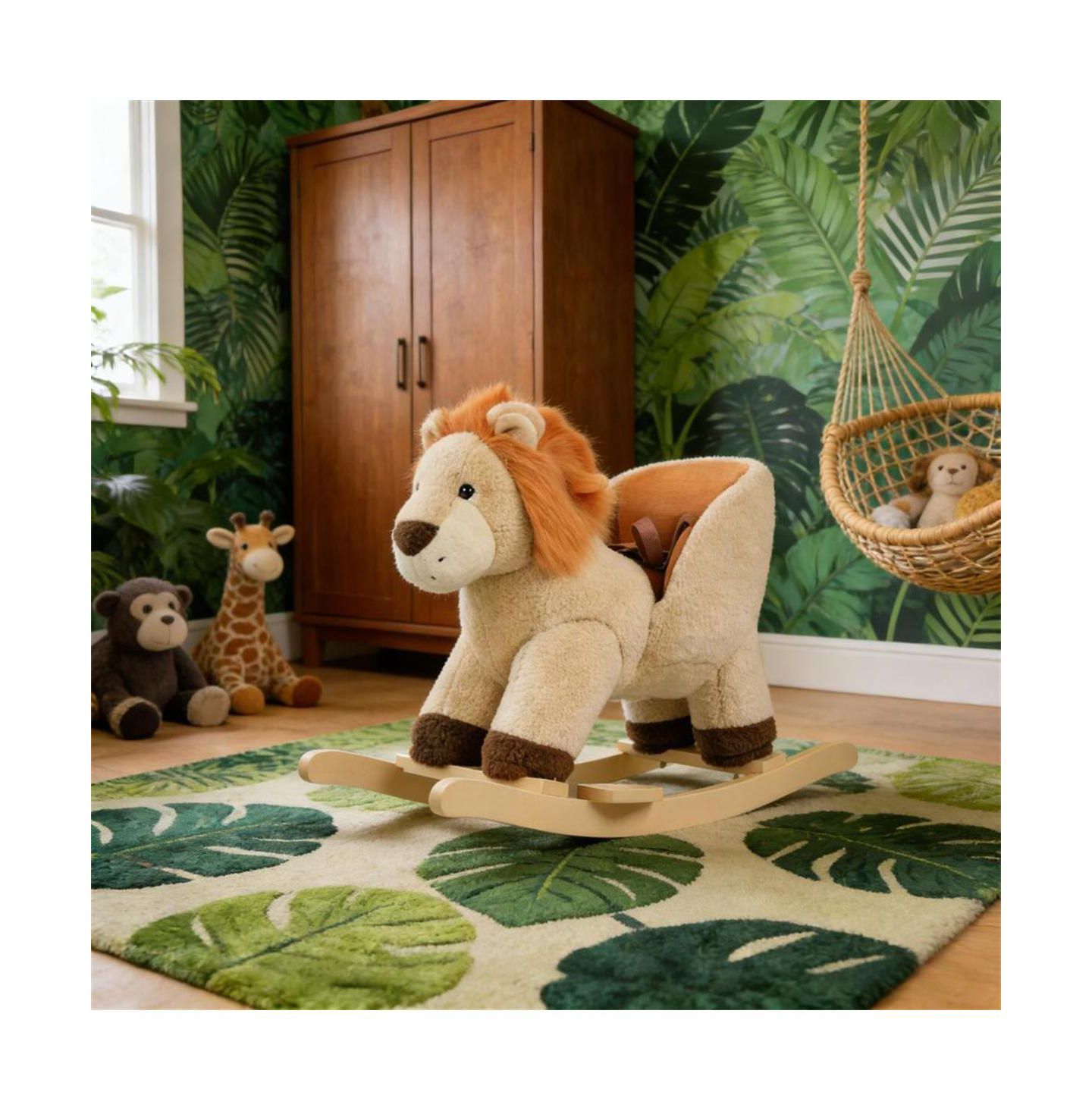 Детская мягкая игрушка YOBTOP Lion Wooden Plush Rocking Horse with Roaring Sound, Ages 3-4, цвет: Коричневый — фото 2