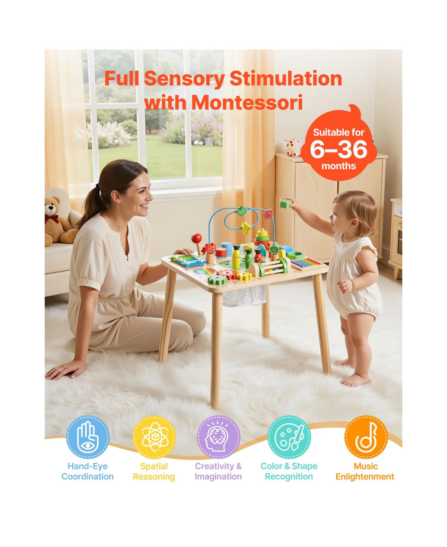 Детские игрушки SUGIFT 13-in-1 Wooden Montessori Activity Table Develops Fine Motor Skills, Ages 6+ Months, цвет: Натуральный — фото 7