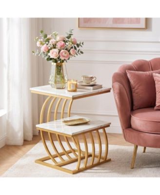 2-Tier Modern Glam Gold End Table,Faux Marble Side Table