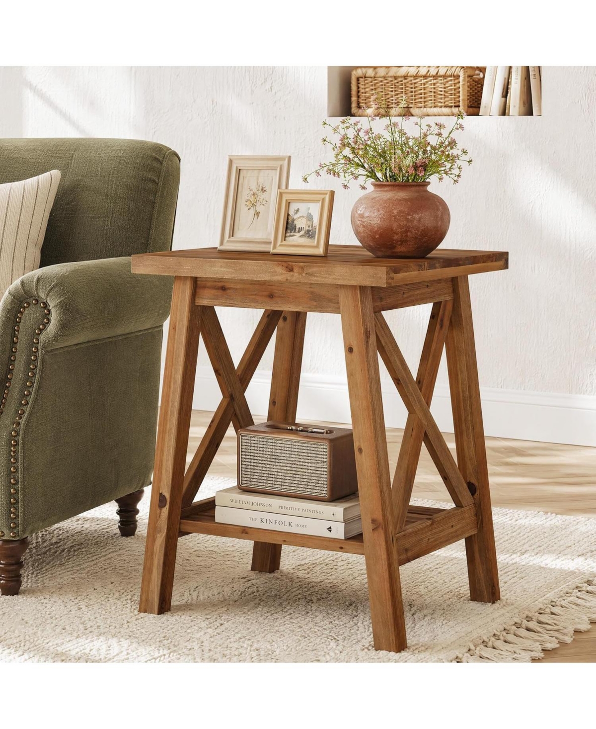 Tribesigns Solid Wood End Table, Square Side Table,2-Tier,Farmhouse