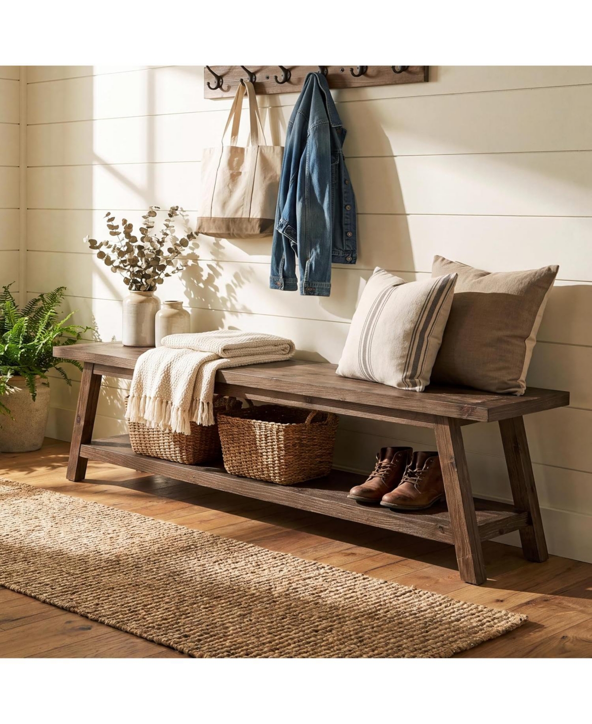 Tribesigns 63" Wood Entryway Bench with Storage