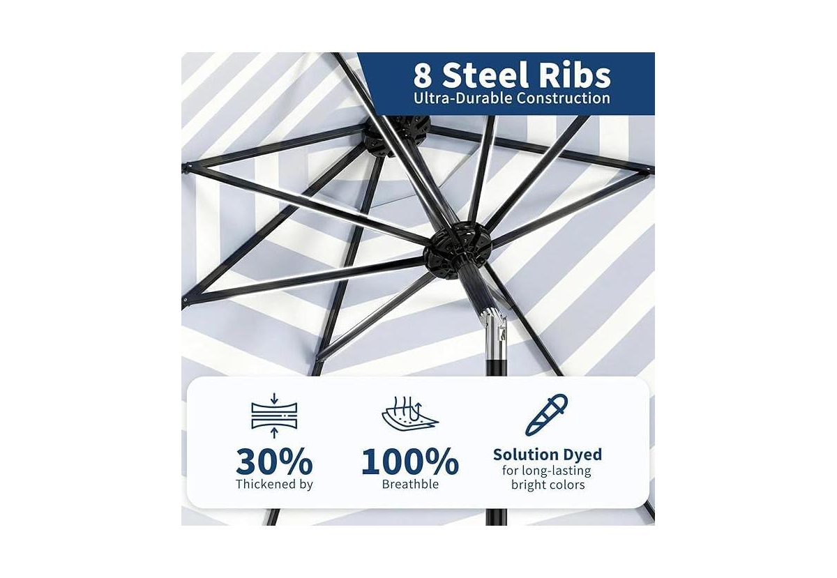 homfan 9 Feet Patio Umbrella, Outdoor Market Umbrella with Push Button Tilt and Crank, 8-Rib Iron Frame, Stripe