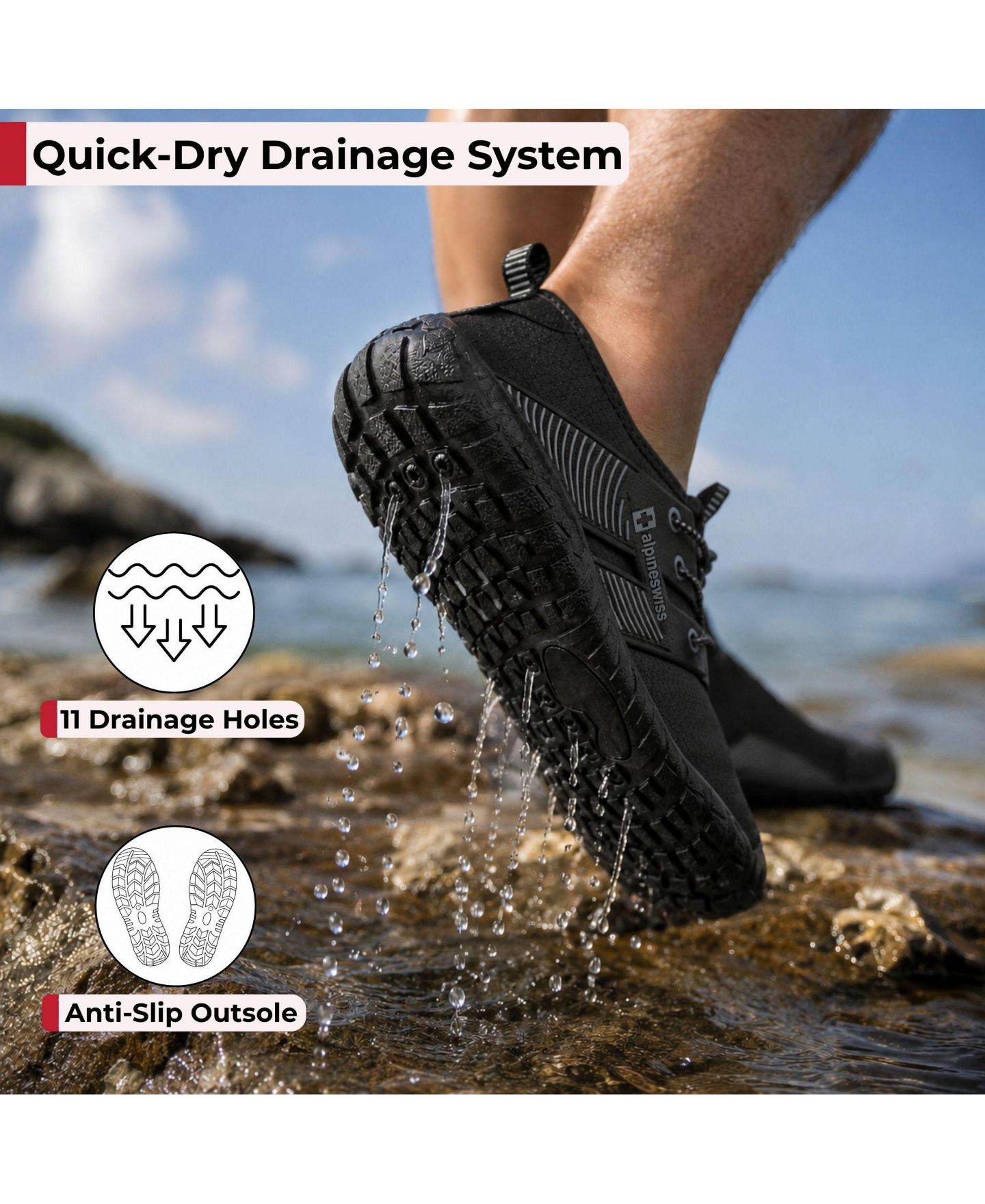 Мужские кроссовки Alpine Swiss Quick-Dry Water Shoes Non-Slip Lightweight Beach Barefoot, цвет: Чёрный — фото 4