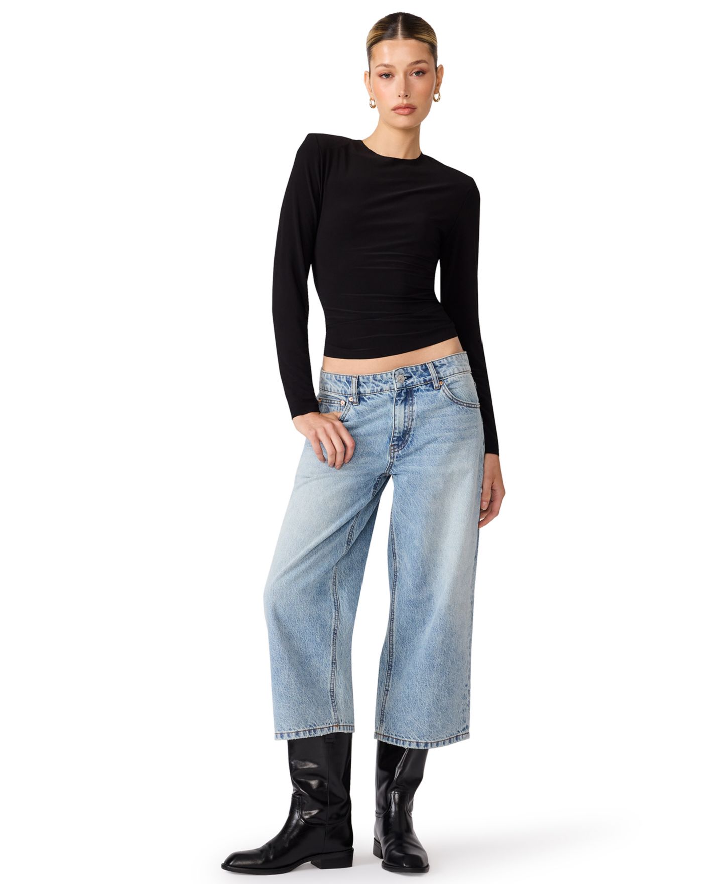 Женский топ Steve Madden Seline Long-Sleeve Padded Shoulder Crewneck, цвет: Чёрный — фото 3