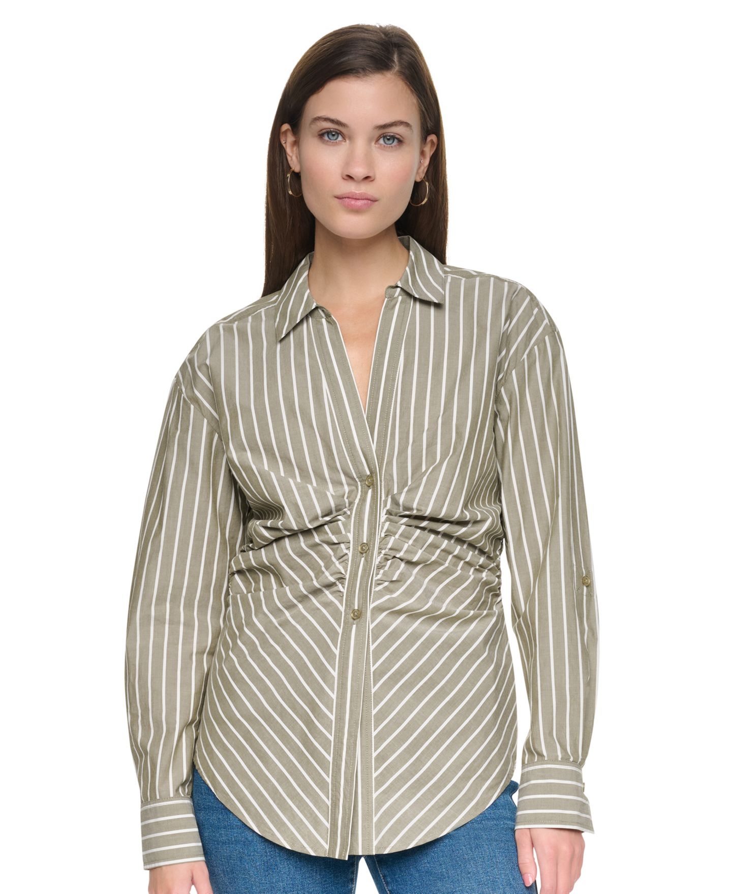 Женская рубашка DKNY Jeans Petite Ruched Striped 3/4-Sleeve Poplin, цвет: Зелёный — фото 4