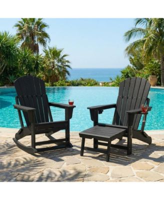 Set of 2 HDPE Folding Adirondack Rocking Chairs with Retractable Ottoman, Cup Holders, Weather Resistant for Backyard
