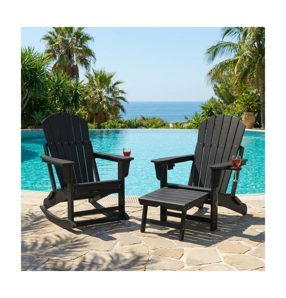 gaomon Set of 2 Hdpe Folding Adirondack Rocking Chairs with Retractable Ottoman, Cup Holders, Weather Resistant for Backyard