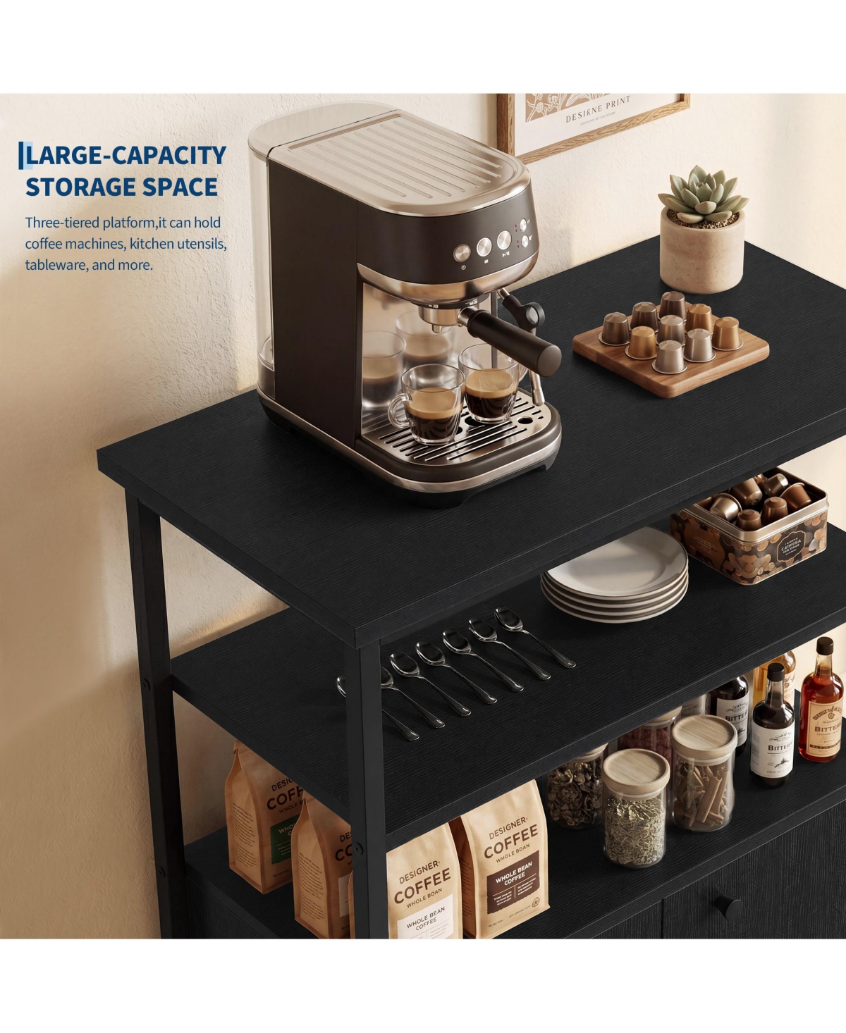 gaomon Sideboard Buffet Cabinet with Open Shelves and 2-Tier Storage, Freestanding Coffee Bar Cabinet with 2 Doors and Metal Feet for Kitchen