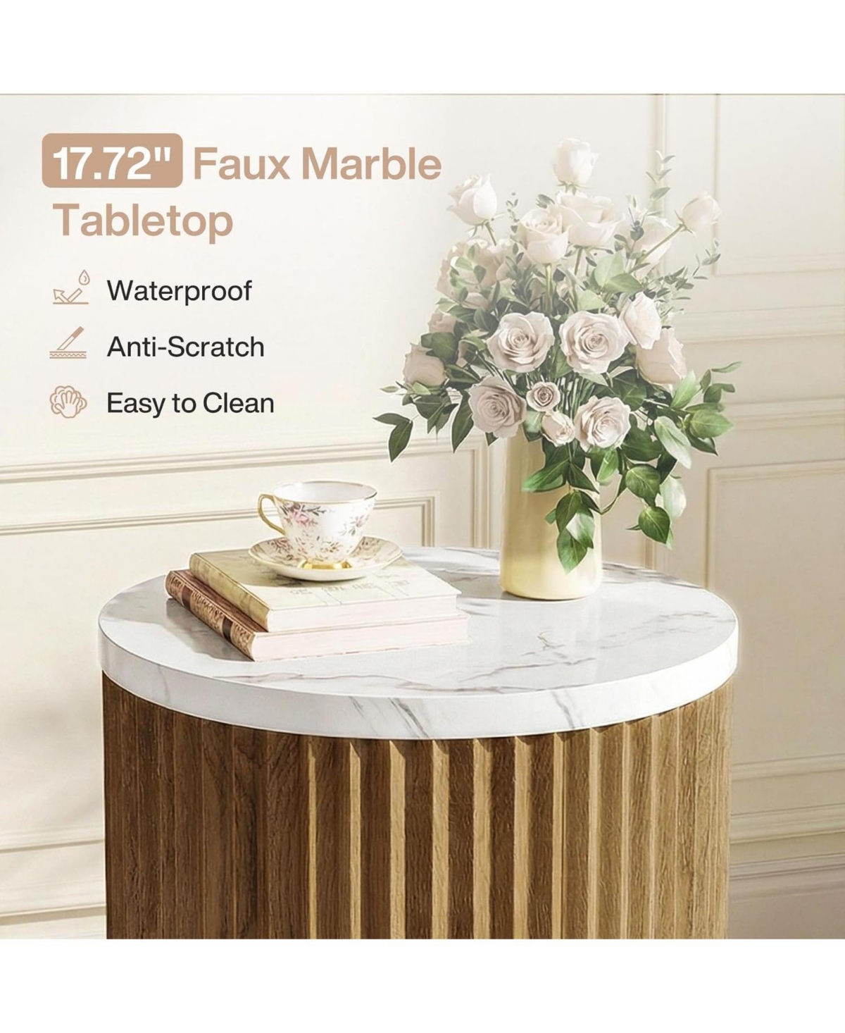 Tribesigns End Table, 23.6-Inch Tall Round Side Table with Faux Marble Tabletop, Drum Shape