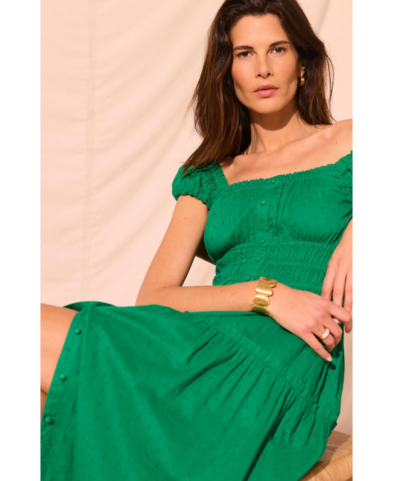 Women's Short-Sleeve Scoop-Neck Smocked Midi Dress