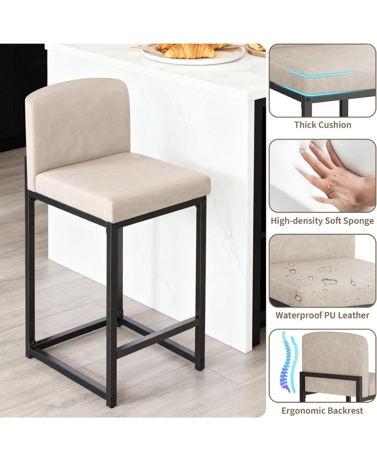 gaomon Set of 6 Modern Bar Stools Pu Leather Counter Height Barstools with Back, Upholstered Bar Chairs for Kitchen Island and Home Bar